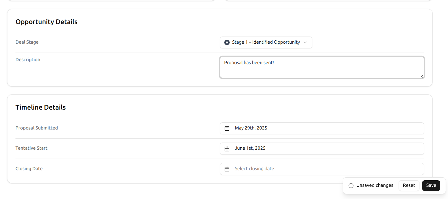 Lead Status Modification - Update and manage lead statuses (e.g., New, Contacted, In Progress, Closed) to reflect progress in real-time