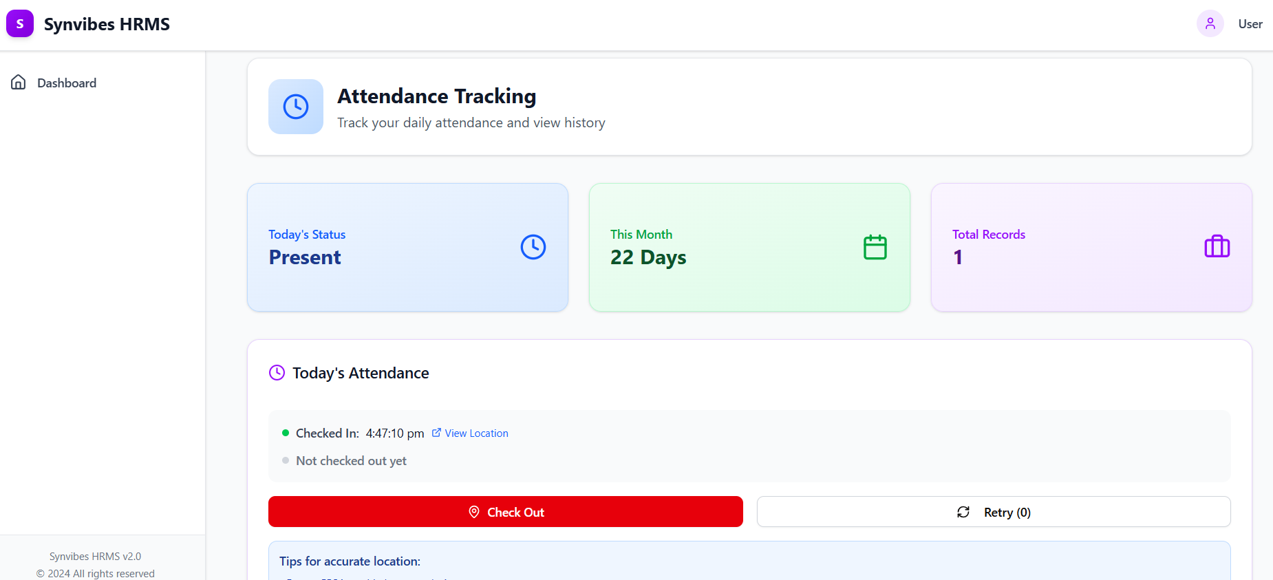 Geo-Location Attendance Tracking - Real-time attendance monitoring with GPS location verification, clock-in/out functionality, and attendance analytics