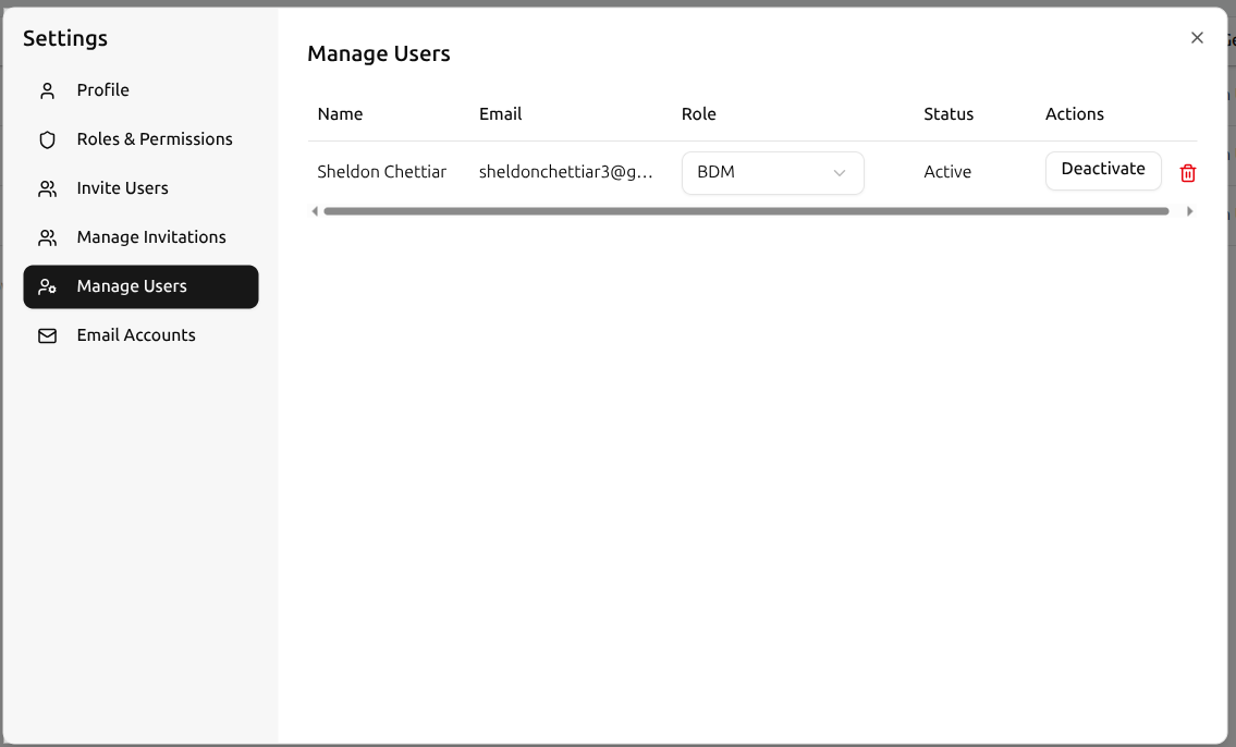 User Management Module - Manage users, assign roles, set permissions, and monitor user activity within the lead management system